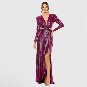 Size 4 Ieena for Mac Duggal Fuchsia Metallic Gown Cutouts and High-Low Hem NWT